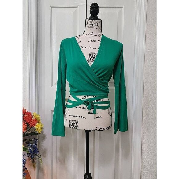 Unique Vintage Jealous Tomato Green Wrap Sweater Crop Top Size M - Picture 2 of 10